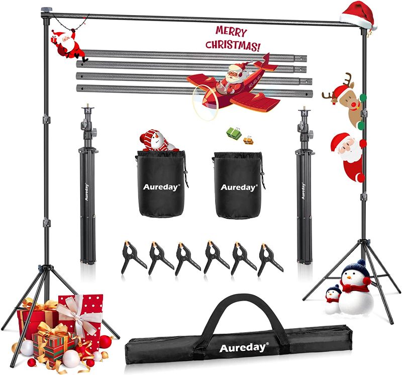 Photo 1 of Aureday Backdrop Stand, 10Ft Adjustable Photo Backdrop Stand Kit with 4 Crossbars, 6 Background Clamps, 2 Sandbags, and Carrying Bag for Parties/Wedding/Photography/Festival Decoration
