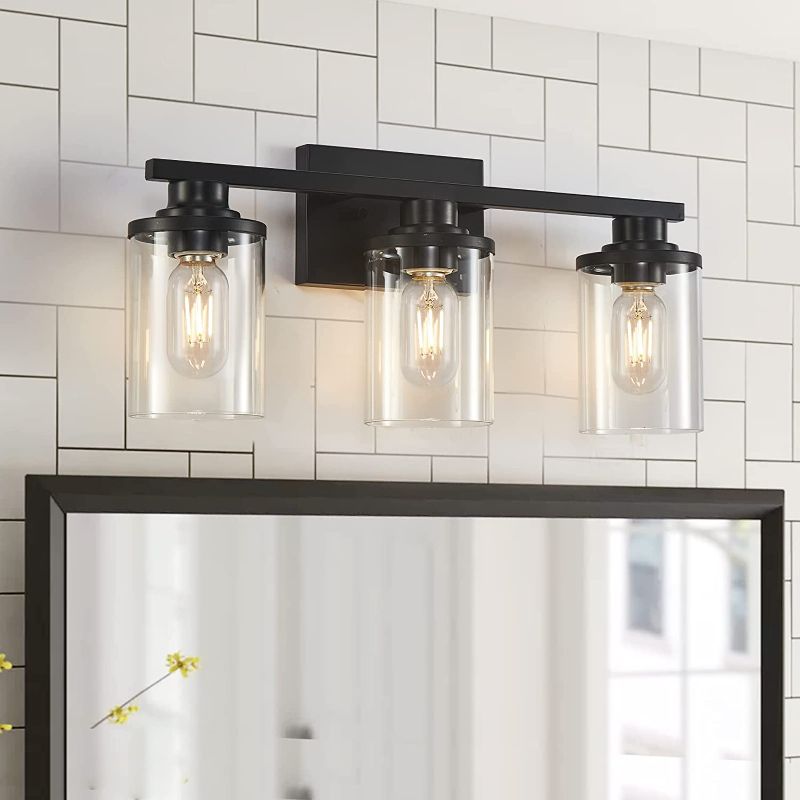 Photo 1 of 3 Light Black Bathroom Vanity Light, Modern Bathroom Light Fixtures with Clear Glass Shade, Vanity Lights for Bathroom Above Mirror Sconces Wall Lighting for Bathroom, Vanity Table
