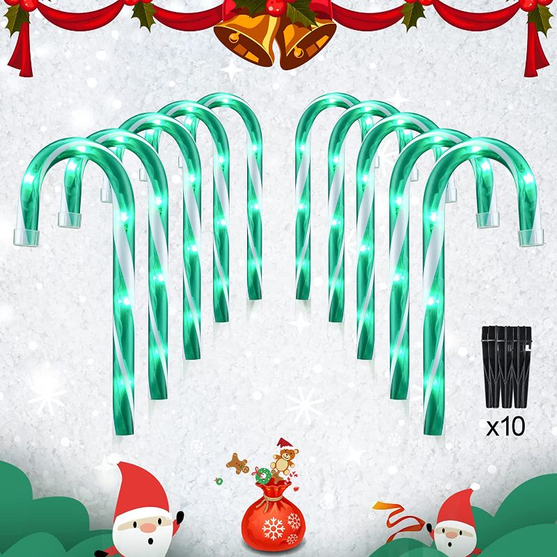 Photo 1 of 10" Christmas Candy Cane Lights - Set of 10 Pathway Markers Christmas Outdoor Yard Decorations, Green Xmas Candy Cane Stake Lights for Lawn, Walkway, Garden, Xmas Party Indoor Ornaments
