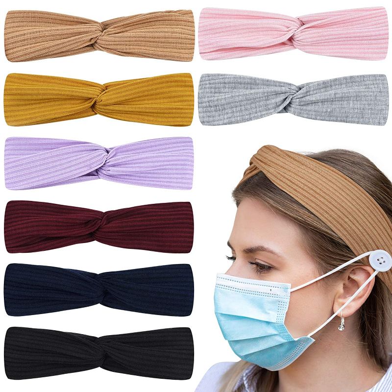 Photo 1 of 8Pcs Women Headband with Buttons, Non Slip Button Headbands in 8 Colors for Face Mask, Cross Knotted Hair Bands for Nurse Doctor Women Girls, Turban Headwrap for Yoga Workout Outdoor Sports
