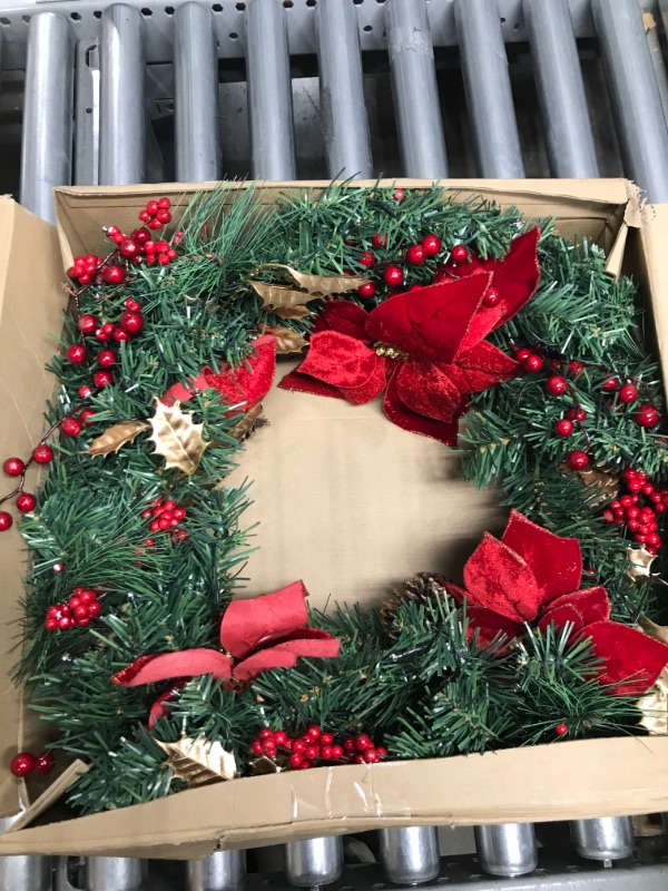 Photo 2 of 24 IN Christmas-Wreath,Christmas-Wreaths-for-Front-Door,Pre-Lit-Christmas-Decorations Door Wreath with 50 LED Lights,Poinsettia Flowers,Artificial Indoor/Outdoor Home Decor Gift Wreath for Door Mantel