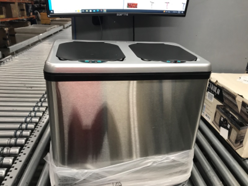 Photo 2 of ** MISSING CHARGING CORD*** 16 Gal. Dual-Compartment Stainless Steel Touchless Trash Can and Recycling Bin (8 Gal each)