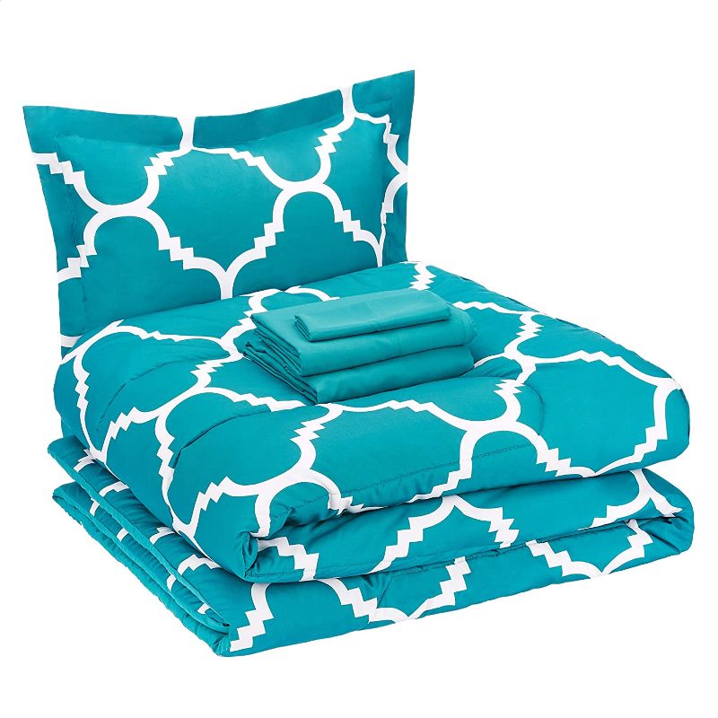 Photo 1 of Amazon BasicsLightweight Microfiber Bed-In-A-Bag Comforter Bedding Set - Twin/Twin XL, Teal Trellis
