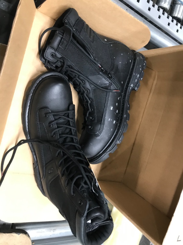 Photo 2 of ***GENTLY USED AND WHITE STAINS ON LEFT BOOT SEE PHOTO**
Thorogood GEN-Flex2 8” Side-Zip Waterproof Black Tactical Boots for Men and Women - Lightweight Leather and Nylon with Slip-Resistant Outsole; EH Rated 12 Black