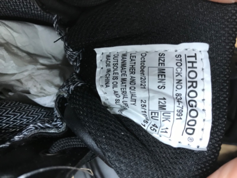 Photo 3 of ***GENTLY USED AND WHITE STAINS ON LEFT BOOT SEE PHOTO**
Thorogood GEN-Flex2 8” Side-Zip Waterproof Black Tactical Boots for Men and Women - Lightweight Leather and Nylon with Slip-Resistant Outsole; EH Rated 12 Black