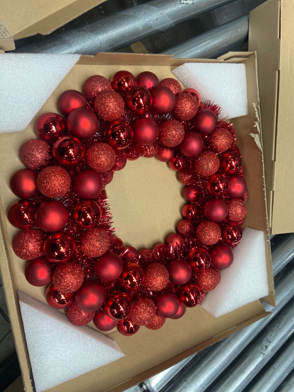 Photo 2 of 16 Inch Christmas Ball Wreath Home Party Decors Xmas Front Door Decorative Hanging Christmaswreaths Ball Ornaments Red