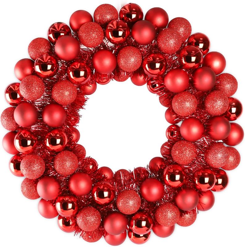 Photo 1 of 16 Inch Christmas Ball Wreath Home Party Decors Xmas Front Door Decorative Hanging Christmaswreaths Ball Ornaments Red