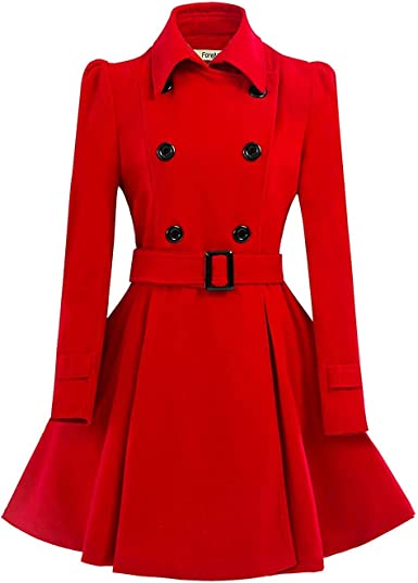 Photo 1 of ForeMode Women Swing Double Breasted Wool Pea Coat with Belt Buckle Spring Mid-Long Long Sleeve Lapel Dresses Outwear- SMALL 