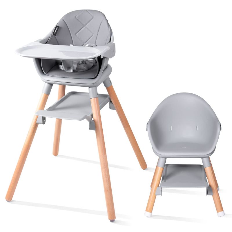 Photo 1 of Beberoad Love Baby High Chair, 4 in 1 Wooden Highchair Convertible High Chair Booster Toddler Chair with Double Removable Tray, 5-Point Harness & PU Cushion for Babies Infants Toddlers Grey