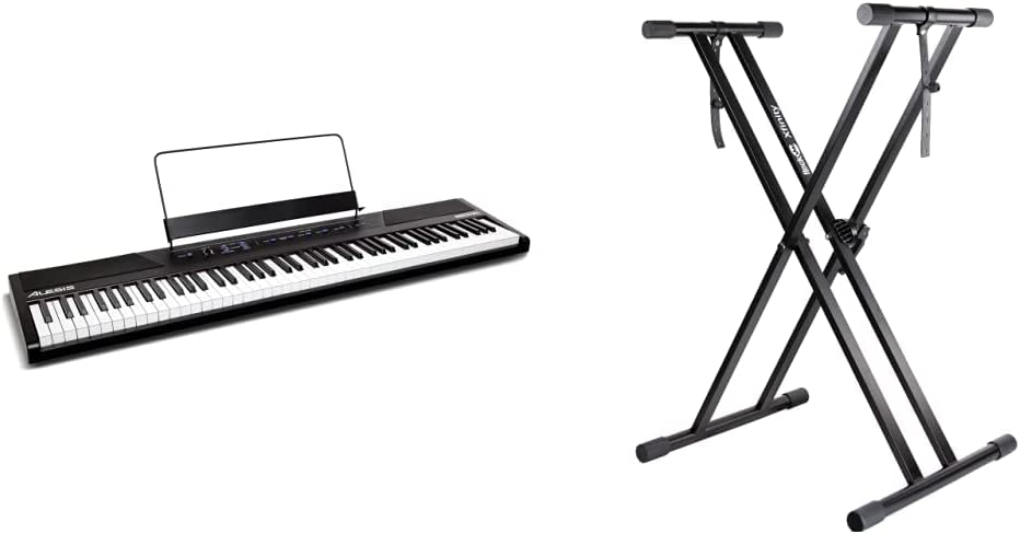 Photo 1 of Alesis Recital | 88 Key Beginner Digital Piano/Keyboard with Full Size Keys & RockJam Xfinity Heavy-Duty, Double-X, Pre-Assembled, Infinitely Adjustable Piano Keyboard Stand with Locking Straps
