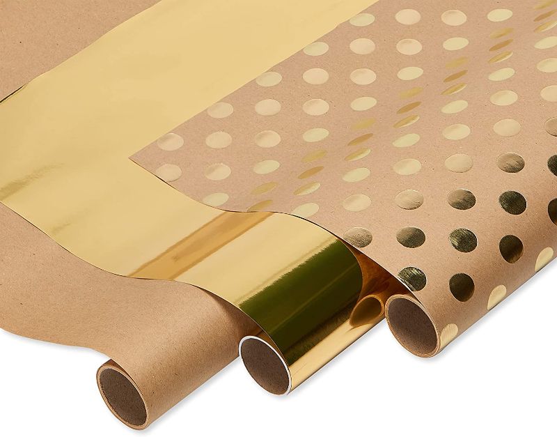 Photo 1 of American Greetings Wrapping Paper for Weddings, Birthdays and All Occasions, Kraft and Gold Polka Dots (3 Rolls, 75 sq. ft)
