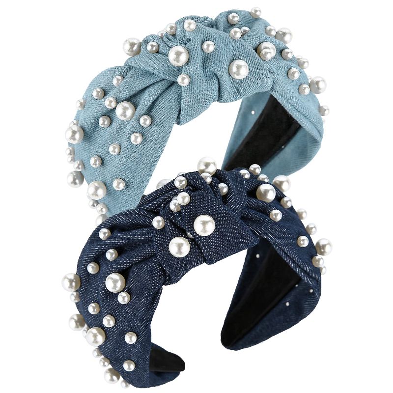 Photo 1 of QIANXUAN Cloth Headbands Tie For Women Top Knot Headband With Pearls Denim Headband For Girls Hair Wide Beads Bow Glam Thick Fashion Hairband
