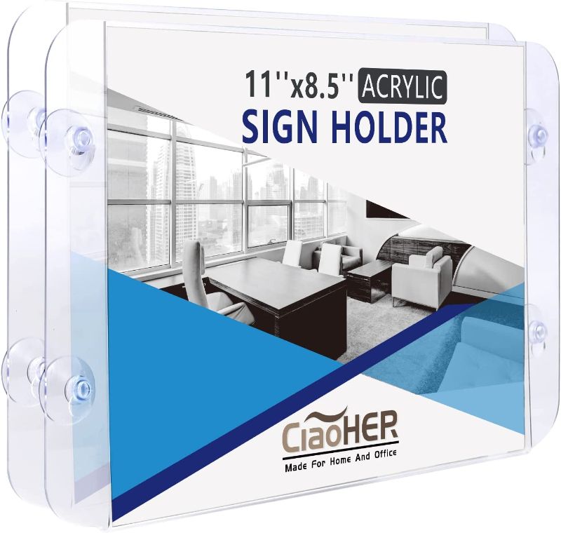 Photo 1 of CiaoHER Acrylic Sign Holder 11 x 8.5, Clear Acrylic Frames Glass Window Wall Mount Advertising Signage Sign Holder with 4 Suction Cups for Mall, Office, Home, Restaurant, Landscape ?2 Pack?