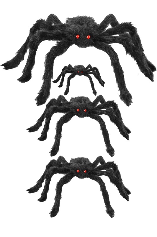 Photo 1 of 4pcs Realistic Fake Hairy Spider set Large Scary Spider Toys with Red Eyes for Indoor Outdoor Halloween Decorations Yard Patio Lawn Windows Home Costumes Party Haunted House Creepy Décor 35.5" 24" 12"