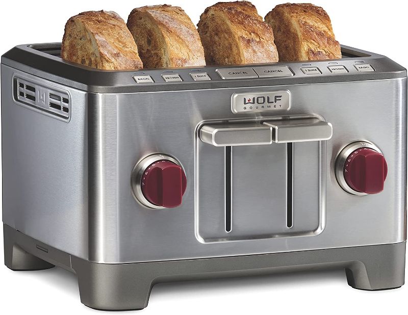 Photo 1 of **NOT FUNCTIONAL PARTS ONLY!! Wolf Gourmet 4-Slice Extra-Wide Slot Toaster with Shade Selector, Bagel and Defrost Settings, Red Knob, Stainless Steel (WGTR154S)
