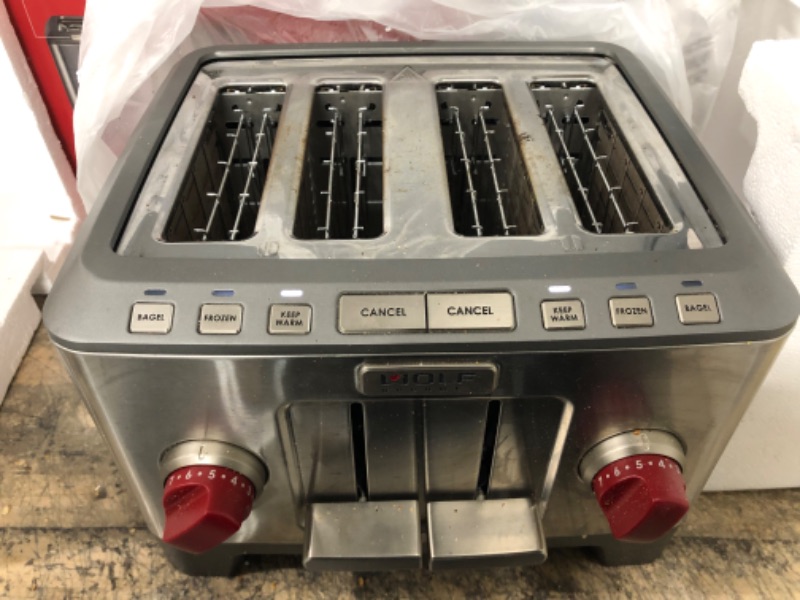Photo 5 of **NOT FUNCTIONAL PARTS ONLY!! Wolf Gourmet 4-Slice Extra-Wide Slot Toaster with Shade Selector, Bagel and Defrost Settings, Red Knob, Stainless Steel (WGTR154S)
