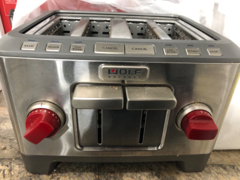 Photo 4 of **NOT FUNCTIONAL PARTS ONLY!! Wolf Gourmet 4-Slice Extra-Wide Slot Toaster with Shade Selector, Bagel and Defrost Settings, Red Knob, Stainless Steel (WGTR154S)
