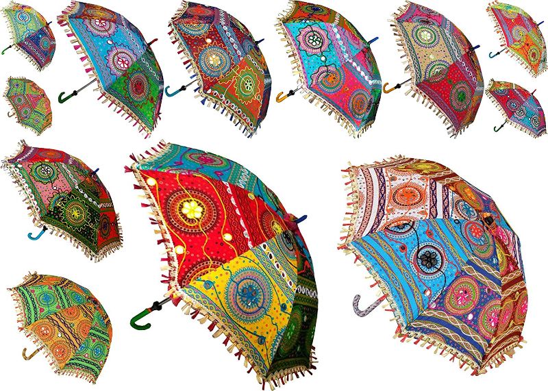 Photo 1 of 7 Pcs Lot Indian Cotton Fabric Mirror Work Vintage Parasols Wedding Umbrella Outdoor Decorations Handmade Embroidery Ethnic Umbrella Parasol
