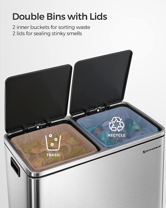 Photo 1 of 
SONGMICS Trash Can, 2 x 8-Gallon Garbage Can for Kitchen, with 15 Trash Bags, 2 Compartments, Plastic Inner Buckets and Hinged Lids,