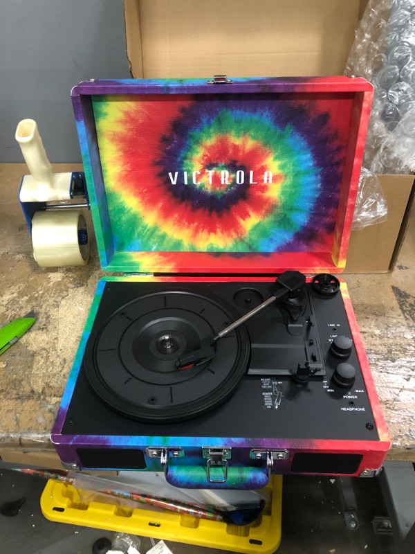 Photo 2 of *nonfunctional* Victrola Vintage 3-Speed Bluetooth Portable Suitcase Record Player with Built-in Speakers | Upgraded Turntable Audio Sound| Includes Extra Stylus | Tie Dye, 1SFA (VSC-550BT-TDY) Tie Dye Record Player