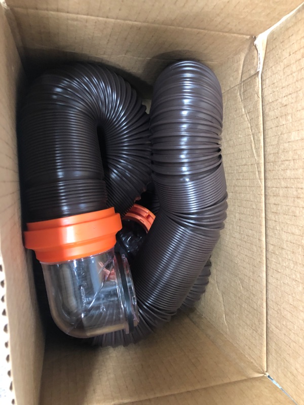 Photo 2 of Camco RhinoFLEX RV Sewer Hose Kit with Swivel Transparent Elbow and 4-in-1 Dump Station Fitting, Brown, 15 Feet (39770) 15ft Sewer Hose Kit Frustration-Free Packaging