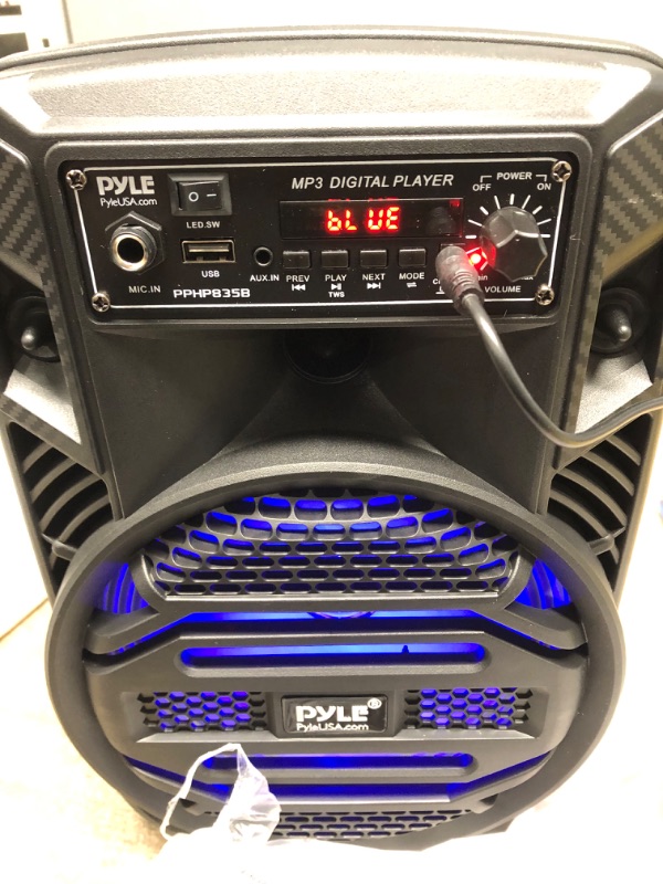 Photo 2 of Portable Bluetooth PA Speaker System - 300W Rechargeable Outdoor Bluetooth Speaker Portable PA System w/ 8” Subwoofer 1” Tweeter, Microphone In, Party Lights, MP3/USB, Radio, Remote - Pyle PPHP835B