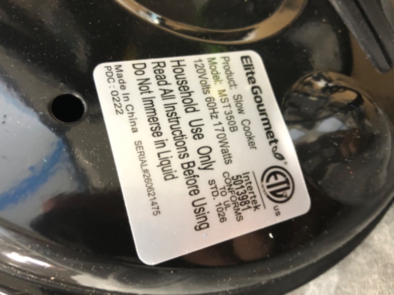Photo 1 of Elite Gourmet MST-350B# Electric Slow Cooker, Adjustable Temp, Entrees, Sauces, Stews & Dips, Dishwasher Safe Glass Lid & Crock (3 Quart, Black) 3 Quart Black