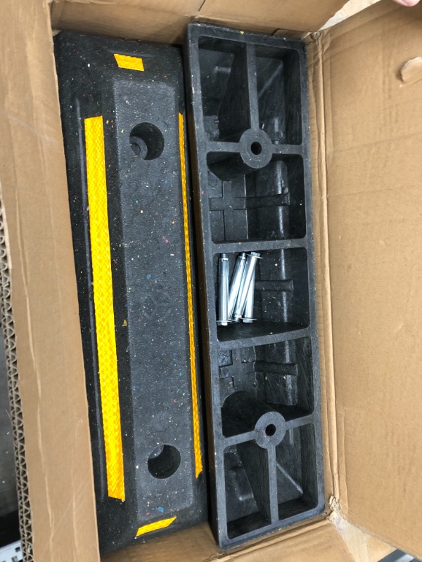 Photo 1 of DASBET 2 Pack Heavy Duty Rubber Parking Block Parking Curb | Wheel Stop Stoppers with Yellow Reflective Stripes for Car, Truck, RV, Trailer, and Garage (2)