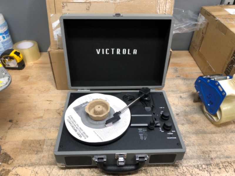 Photo 1 of Victrola Vintage 3-Speed Bluetooth Portable Suitcase Record Player with Built-in Speakers | Upgraded Turntable Audio Sound| Includes Extra Stylus | NWG, Model Number: VSC-550BT-NWG Grey Record Player