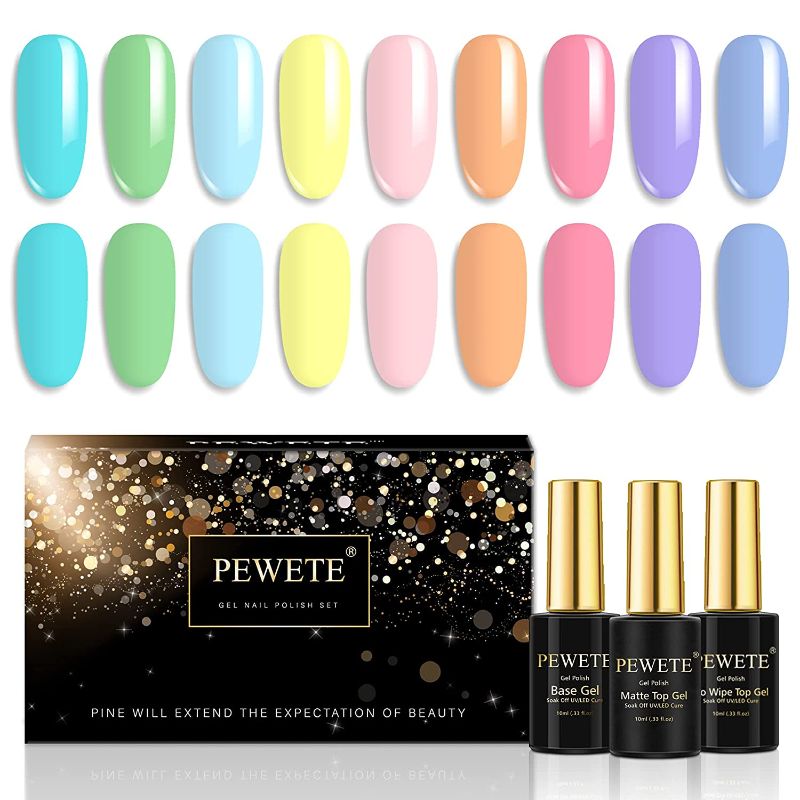 Photo 1 of PEWETE UV Gel Nail Polish Set, Macaron Series, Light Pink Purple Blue Green Yellow Colors Nail No Wipe Base and Glossy & Matte Top Coat 12 Pcs
