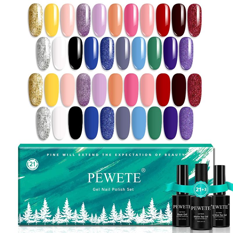 Photo 1 of PEWETE Gel Nail Polish Kit 24 Pcs Yellow Orange Pink Red White Black Blue Green Purple Starter Kit with Glossy & Matte Top Coat and Base Coat Nail DIY Gift Box
