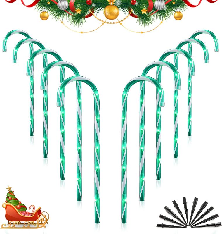 Photo 1 of J-HVA 22" Christmas Candy Cane Pathway Markers Lights, Set of 10 Pack Christmas Outdoor Decorations Candy Cane Lights for Yard Patio Garden Walkway Indoor Décor Landscape Path Festival Holiday, Green
