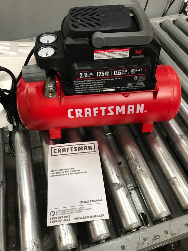 Photo 2 of Craftsman Air Compressor, 2 Gallon Portable Air Compressor, Hot Dog Tank, 1/3 HP Oil-Free Max 125 PSI Pressure, 0.7 CFM@40 PSI, 0.5 CFM@90 PSI, Model: CMXECXA0200243 , Red