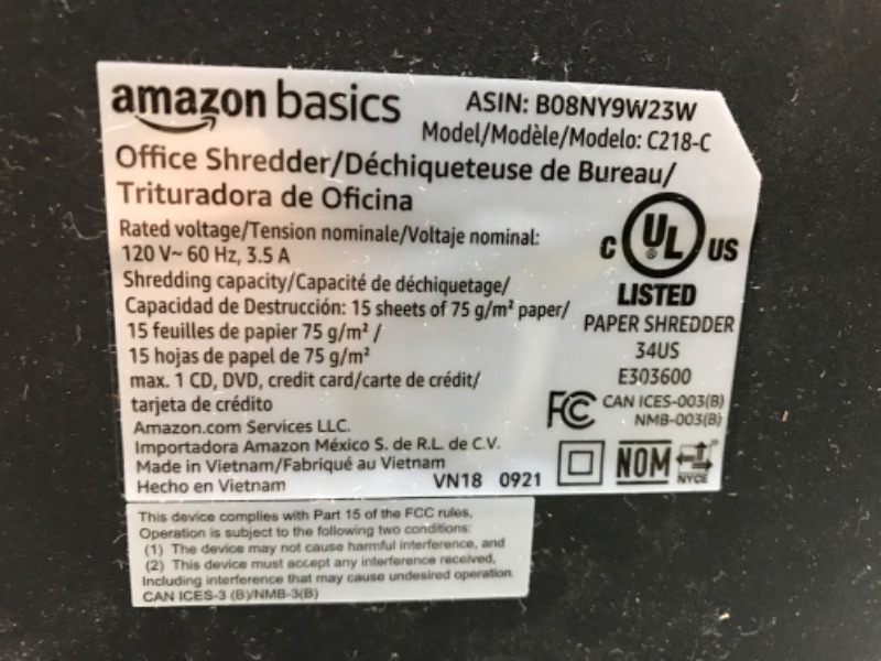 Photo 6 of Amazon Basics 15-Sheet Cross Cut Paper Shredder and Credit Card CD Shredder with 6 Gallon Bin
