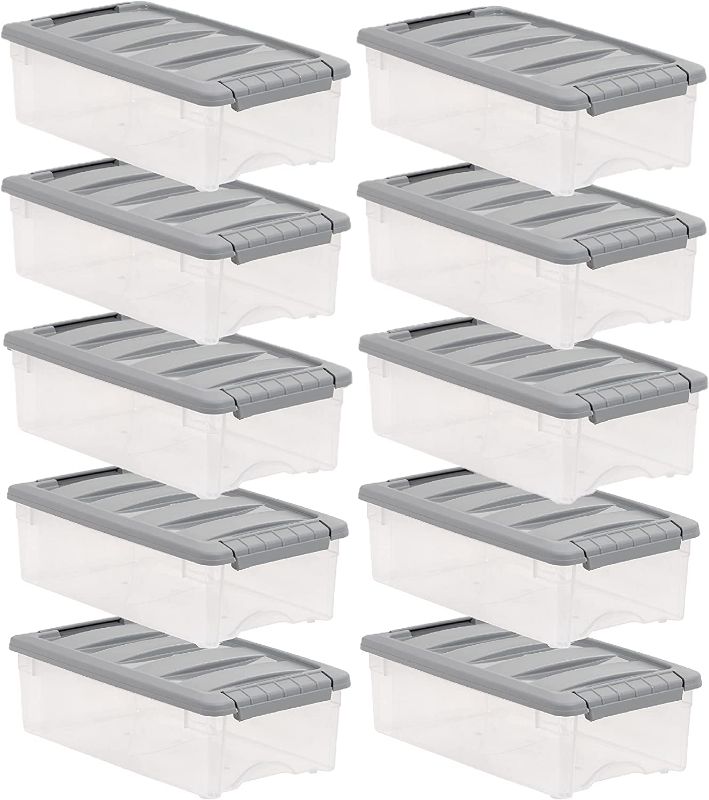 Photo 1 of Amazon Basics 5 Quart Stackable Plastic Storage Bins with Latching Lids- Clear/ Grey- Pack of 10
