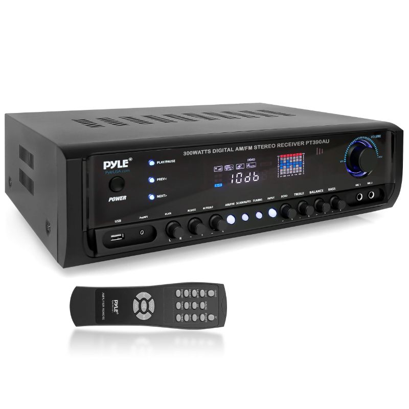 Photo 1 of Home Audio Power Amplifier System - 300W 4 Channel Theater Power Stereo Sound Receiver Box Entertainment w/ USB, RCA, AUX, Mic w/ Echo, LED, Remote - For Speaker, iPhone, PA, Studio Use - Pyle PT390AU Amplifier Basic