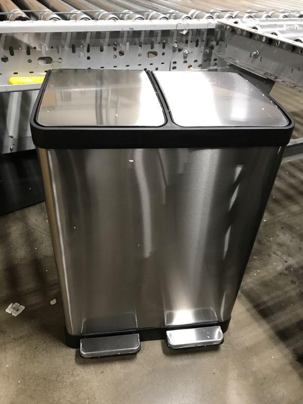 Photo 2 of *Dents/Minor Cosmetic Damage-See Photos* iTouchless SoftStep 16 Gallon Kitchen Step Trash Can & Recycle Bin with Double Odor Filters and Removable Color-Coded Buckes, Stainless Steel, 2 x 8 Gallon (30L), Soft Close Lid and Airtight Seal Softstep 8+8 (Filt