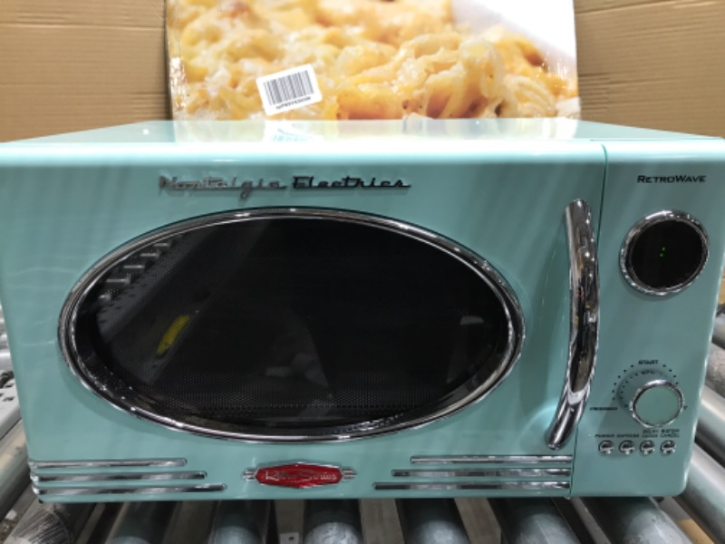 Photo 3 of *Tested-Powers On* Nostalgia Retro Compact Countertop Microwave Oven 0.9 Cu. Ft. 800-Watts with LED Digital Display, Child Lock, Easy Clean Interior, Aqua