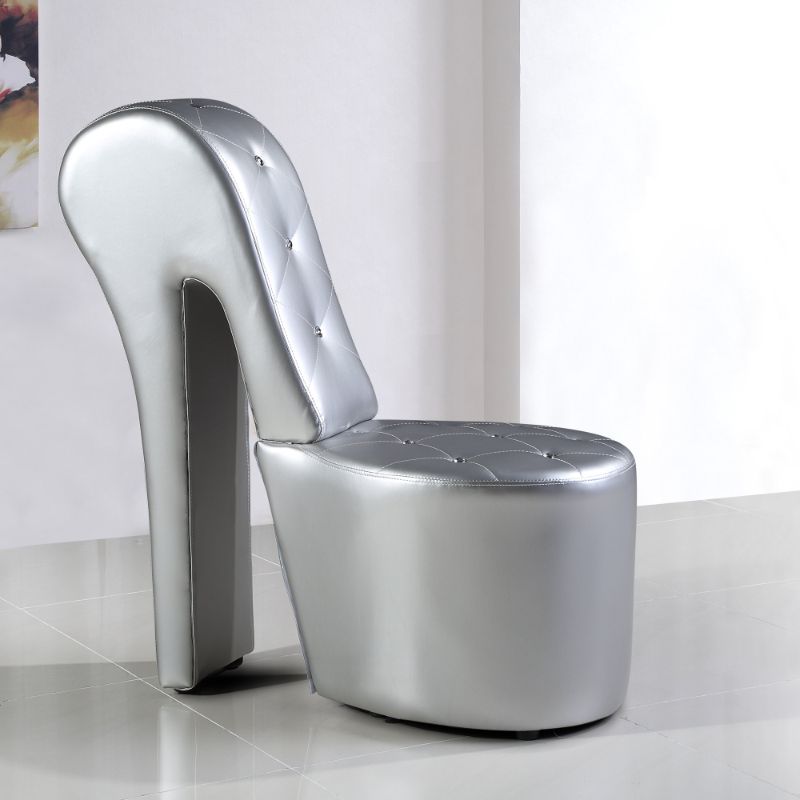 Photo 1 of ***MISSING ANOTHER BOX*** Best Master Furniture High Heel Faux Leather Shoe Chair with Crystal Studs, Silver
