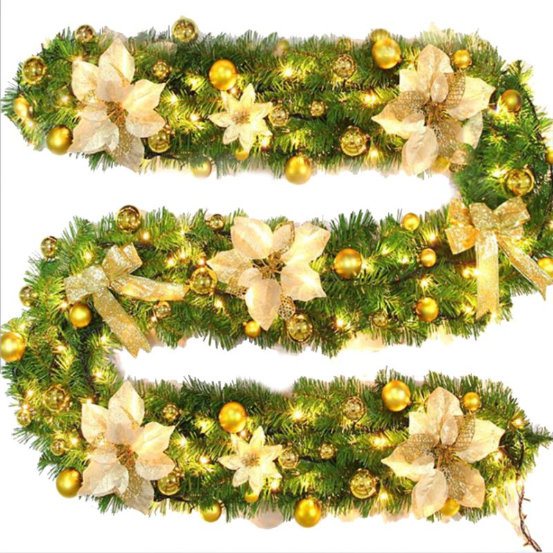 Photo 1 of 9ft Christmas Garland Xmas Imperial Pine Fireplace Wreath Ornaments With/Without LED Lights Gold With LED Lamp
