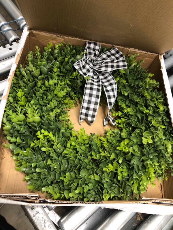 Photo 2 of 23" Faux Round Boxwood Wreath, Vlorart Artificial Boxwood Wreath Front Door Wreaths Artificial Spring Summer Greenery Hanging with A Plaid Bow for Front Door Wall Hanging Window Wedding Party Decor 23inch