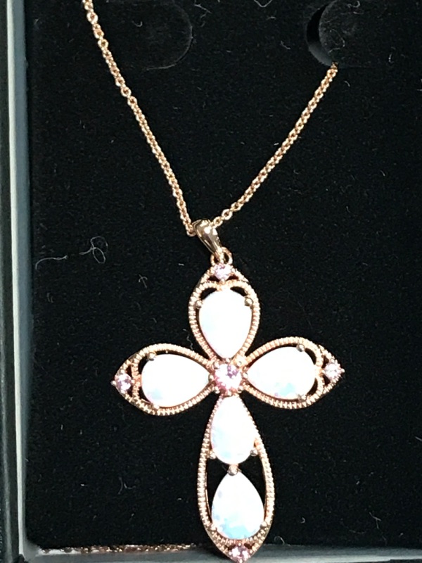 Photo 1 of Amazon Collection 14K Rose Gold over Sterling Silver Created Opal with Created Pink Sapphire Cross Pendant Necklace, 18"