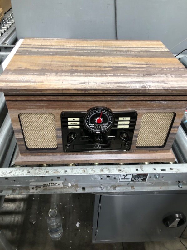 Photo 3 of Victrola Nostalgic 6-in-1 Bluetooth Record Player & Multimedia Center & Cassette Player, AM/FM Radio | Wireless Music Streaming | Farmhouse Shiplap Grey & Wooden Record Crate, Wood Color Farmhouse Shiplap Grey Entertainment Center + Record