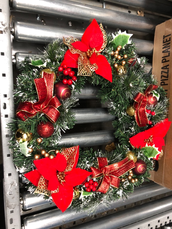 Photo 2 of 22 Inch Pre-lit Christmas Wreath Decoration, Traditional Red and Gold, Lighted Xmas Wreaths with Poinsettia, Ribbon, Berries, Ball Ornaments, Battery Operated 20 LED Lights, for Home Indoor/Outdoor