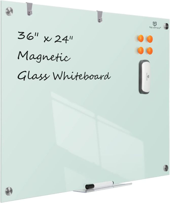 Photo 1 of Magnetic Glass Dry Erase Board - 36 x 24 Inches Wall Mounted Glass Whiteboard, Large Frameless Glass White Board for Office, Home & School, TSJ OFFICE
