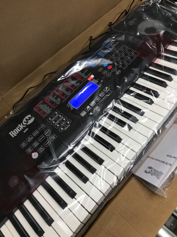 Photo 6 of ** TESTED ** FUNCTIONAL** RockJam 61 Key Touch Display Keyboard Piano Kit with Digital Piano Bench, Electric Piano Stand, Headphones Piano Note Stickers, Sustain Pedal & Simply Piano Lessons 61 Key Keyboard Kit with Midi & Touch Display