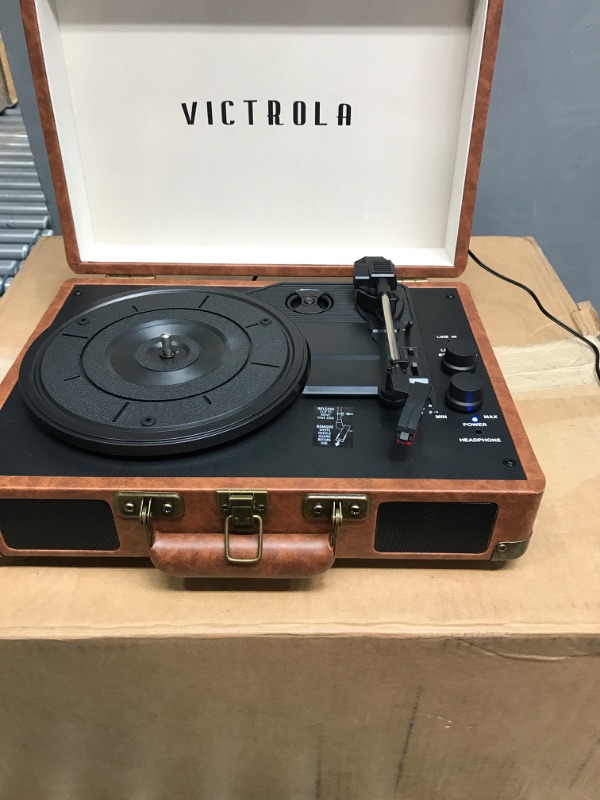 Photo 3 of Victrola Vintage 3-Speed Bluetooth Portable Suitcase Record Player with Built-in Speakers | Upgraded Turntable Audio Sound| Includes Extra Stylus | Brown Brown Record Player