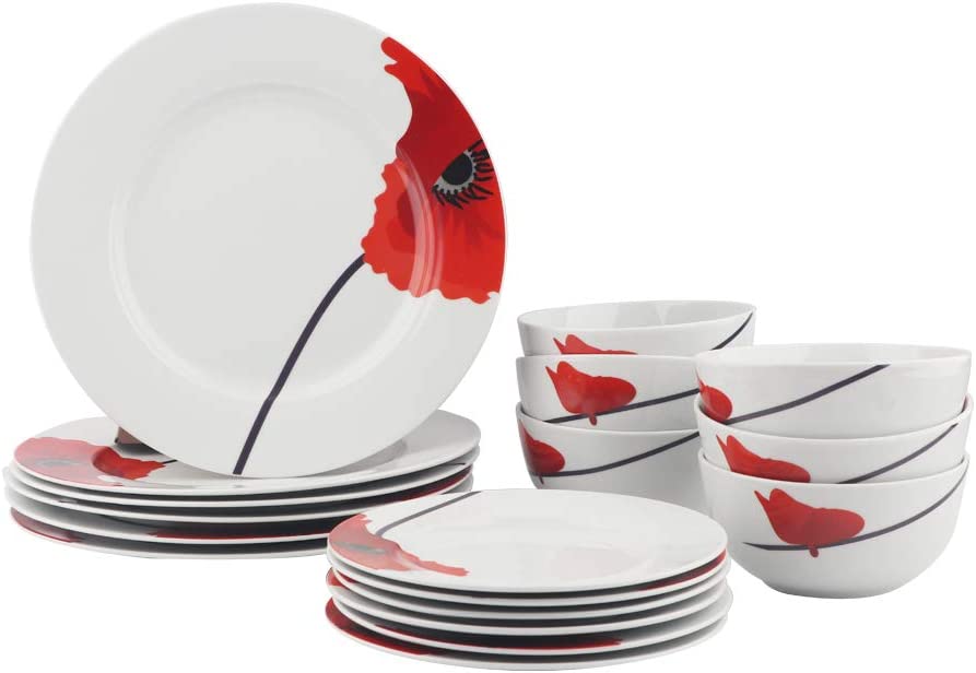 Photo 1 of Amazon Basics 18-Piece Kitchen Dinnerware Set, Plates, Dishes, Bowls, Service for 6, Poppy