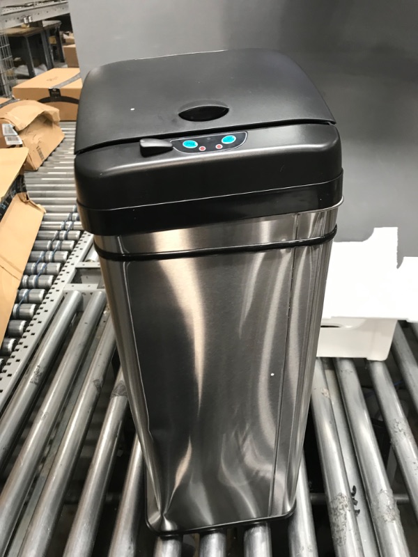 Photo 2 of iTouchless 13 Gallon Automatic Trash Can with Odor-Absorbing Filter and Lid Lock, Power by Batteries (not included) or Optional AC Adapter (sold separately), Black / Stainless Steel
