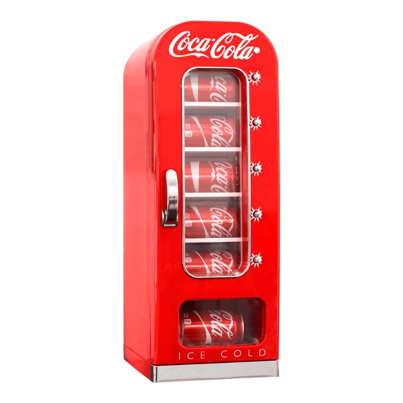 Photo 1 of Coca-Cola Retro Vending Machine Style 10 Can Mini Fridge with Display Window, AC/DC Portable Beverage Cooler for Soft Drink Cans, Includes 12V and AC Cords, for Home Office Dorm Cottage, Red